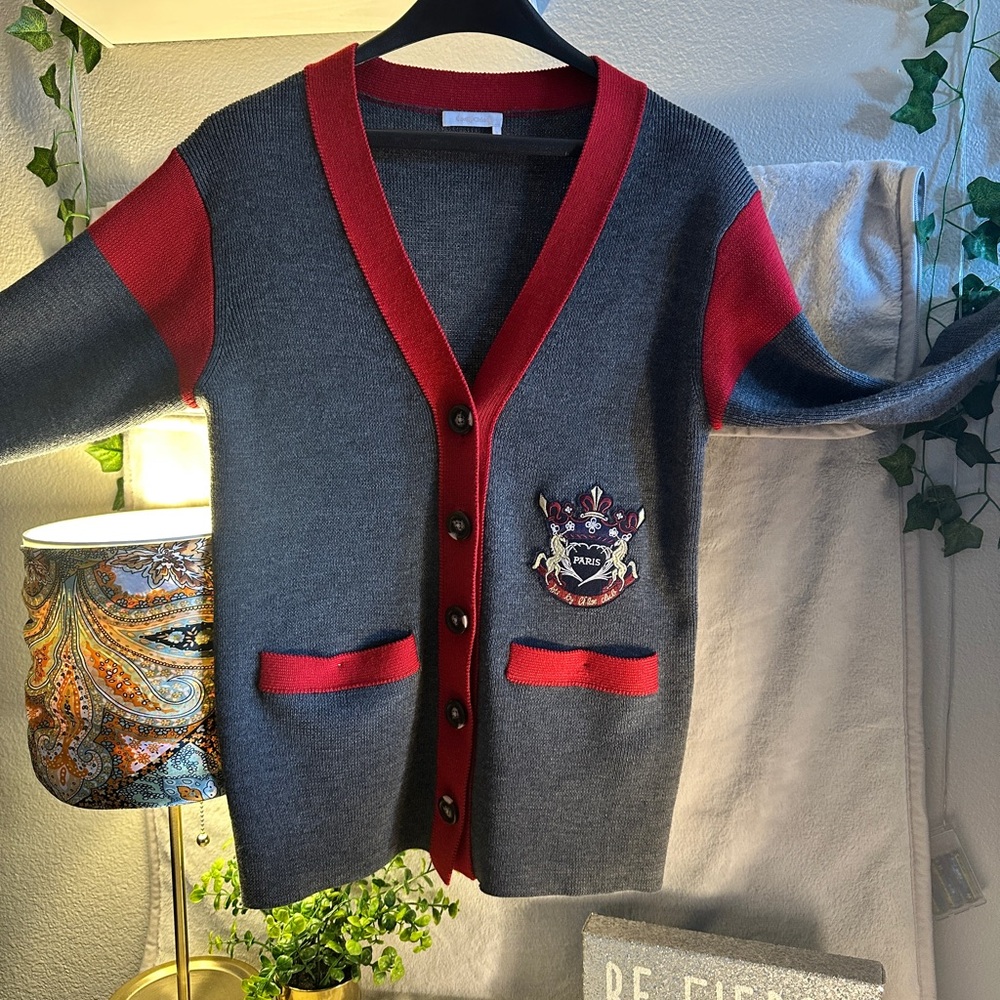 Chloe Gray Cardigan with Red and Gold Crest
